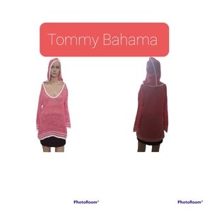 Tommy Bahama S linen blend hooded open knit sweater marled striped hems